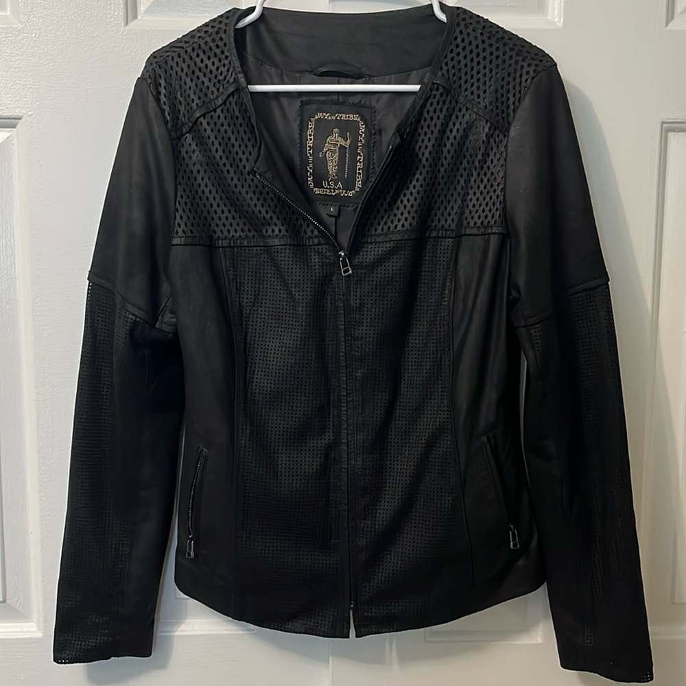 My Tribe Black Leather Jacket Perforated‎ Size L Women’s